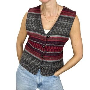 Vintage 80s wool blend grey red southwestern style button front vest 6